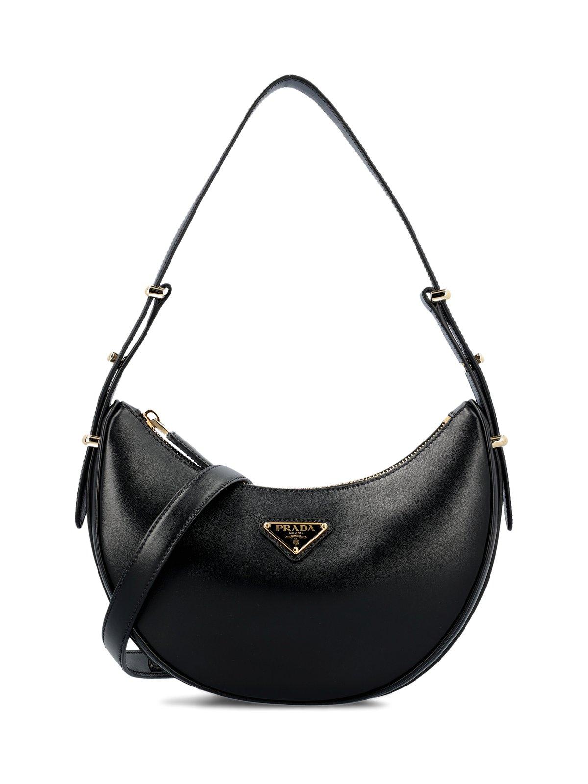 Prada Triangle Logo Plaque Moon Shaped Shoulder Bag In Black