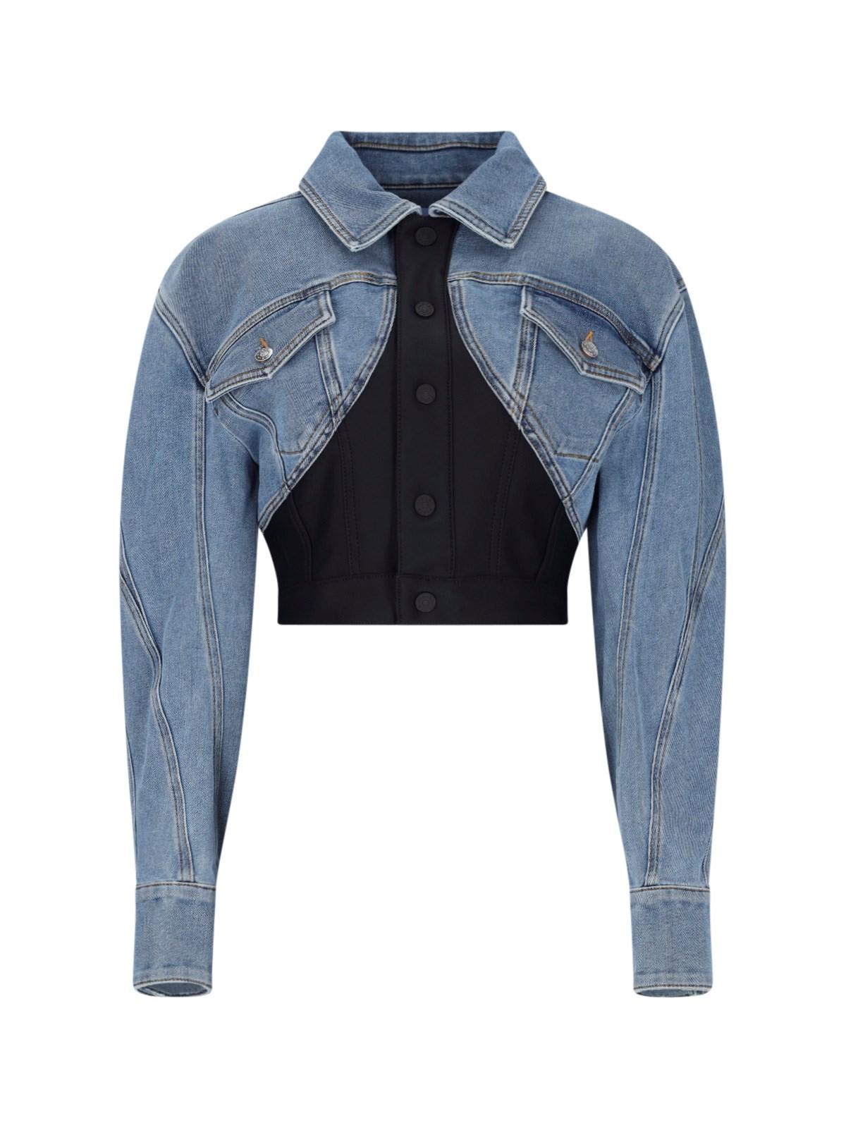 Shop Mugler Cropped Denim Jacket In Medium Blue