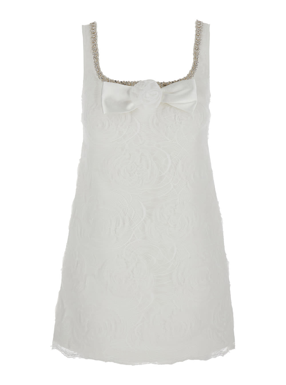 White Mini Dress With Square Neck And Bow Detail On The Front In Tech Fabric Woman
