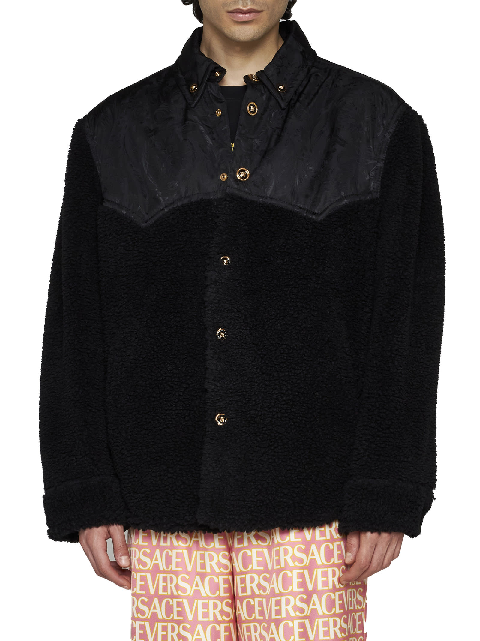 Versace Faux Shearling And Technical Jacquard Jacket In Black