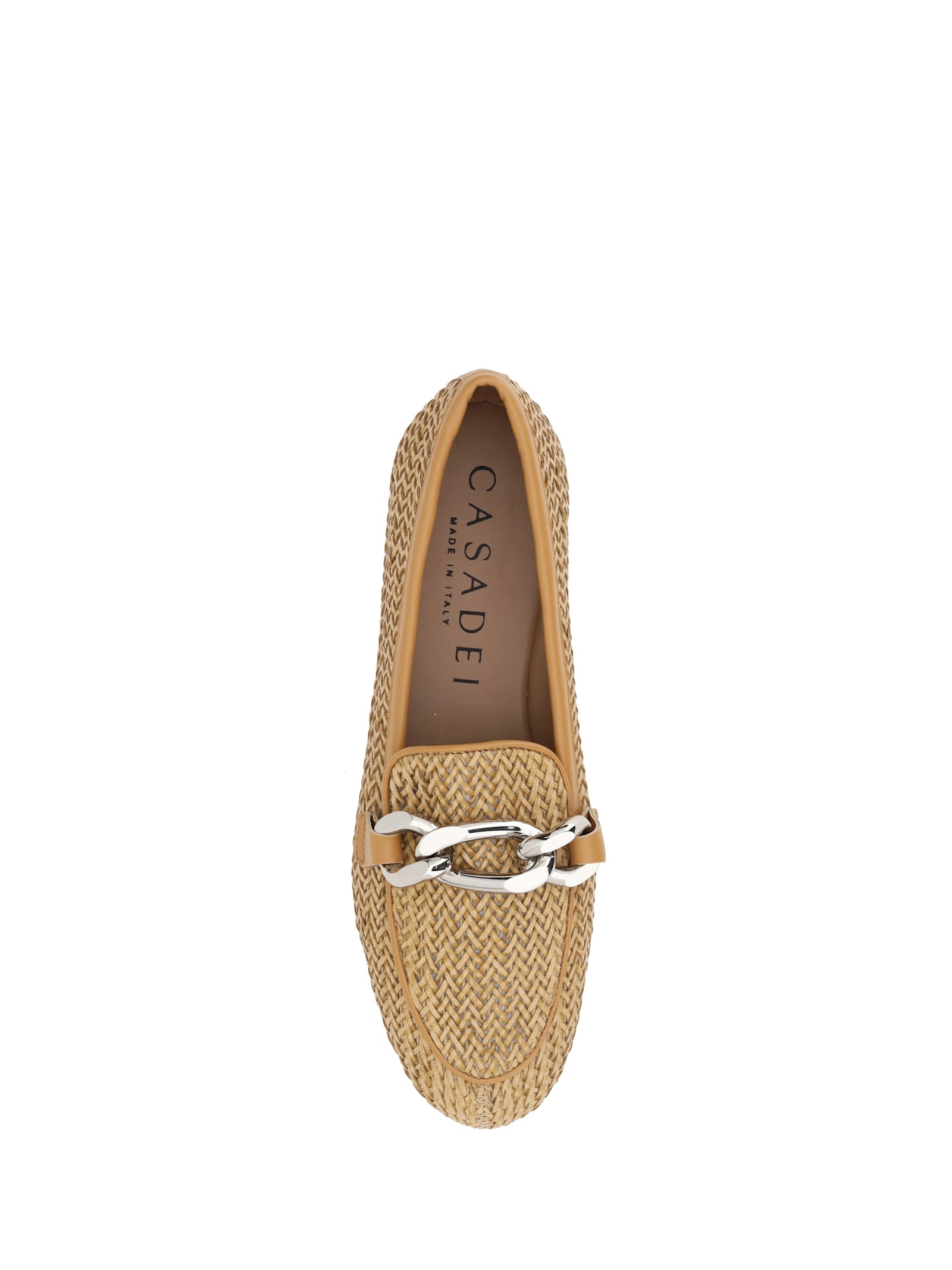Casadei Woven Leather Loafers With Chain Detail In Naturale