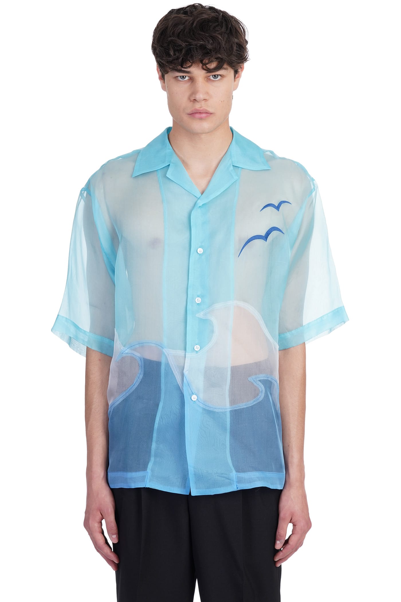 GCDS Shirt In Cyan Silk