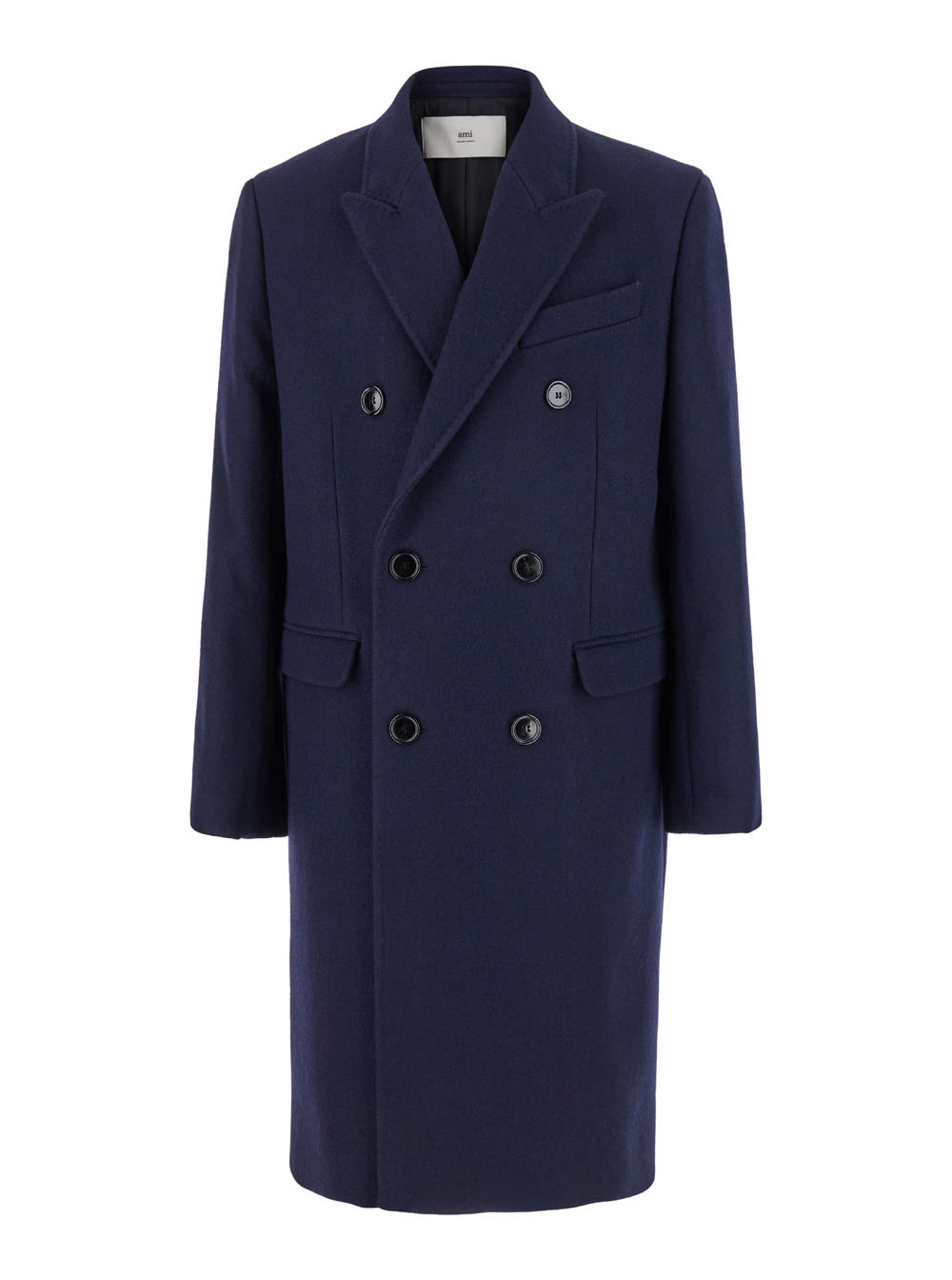 Shop Ami Alexandre Mattiussi Blue Double-breasted Coat With Peak Revers In Wool Man