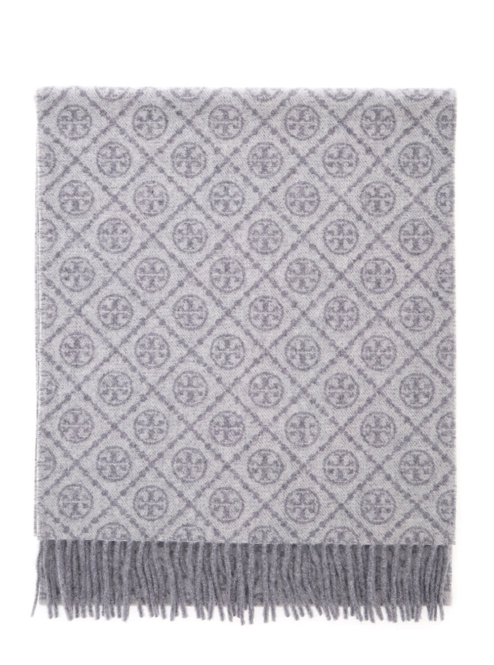Tory Burch Grey Scarf With All-over T Motif Monogram And Fringed Edges In Wool Woman In Gray