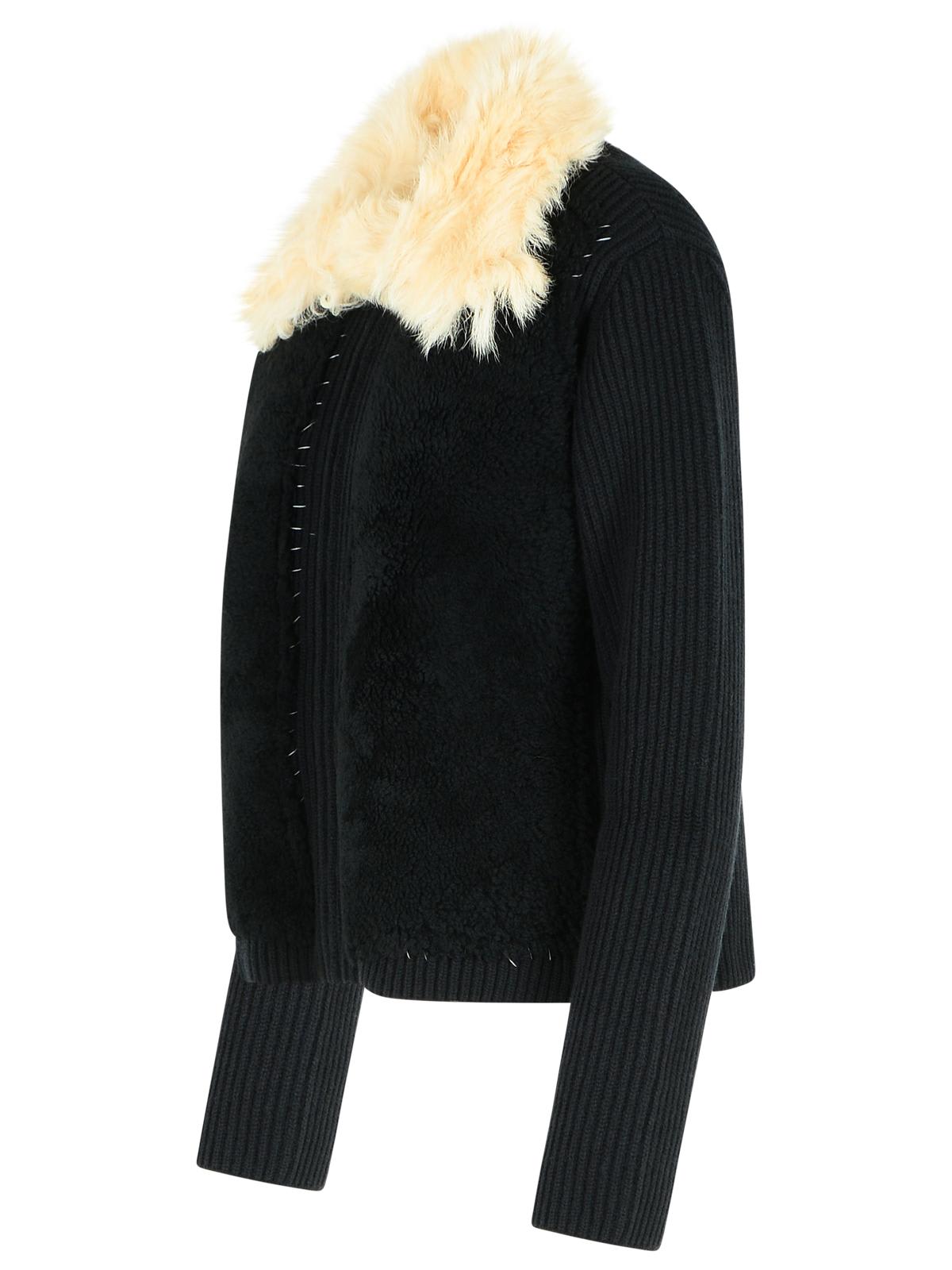 Marni Knitted Jacket With Faux Fur Collar In Black