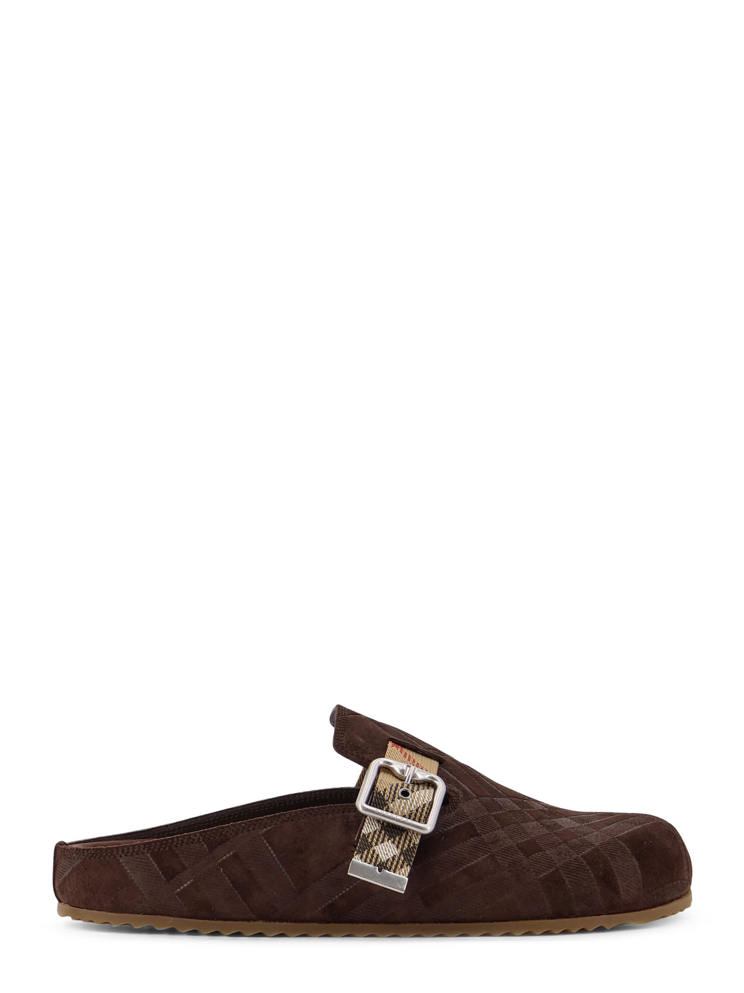 Burberry Strap Patterned Round Toe Rubber Sole Slip-on In Brown