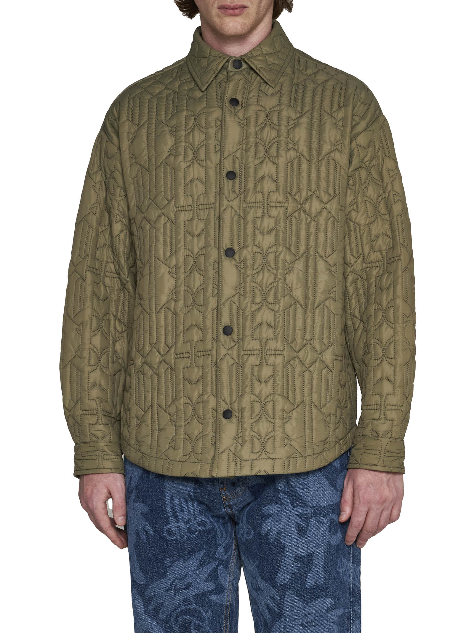 Palm Angels Monogram Quilted Nylon Overshirt In Military B