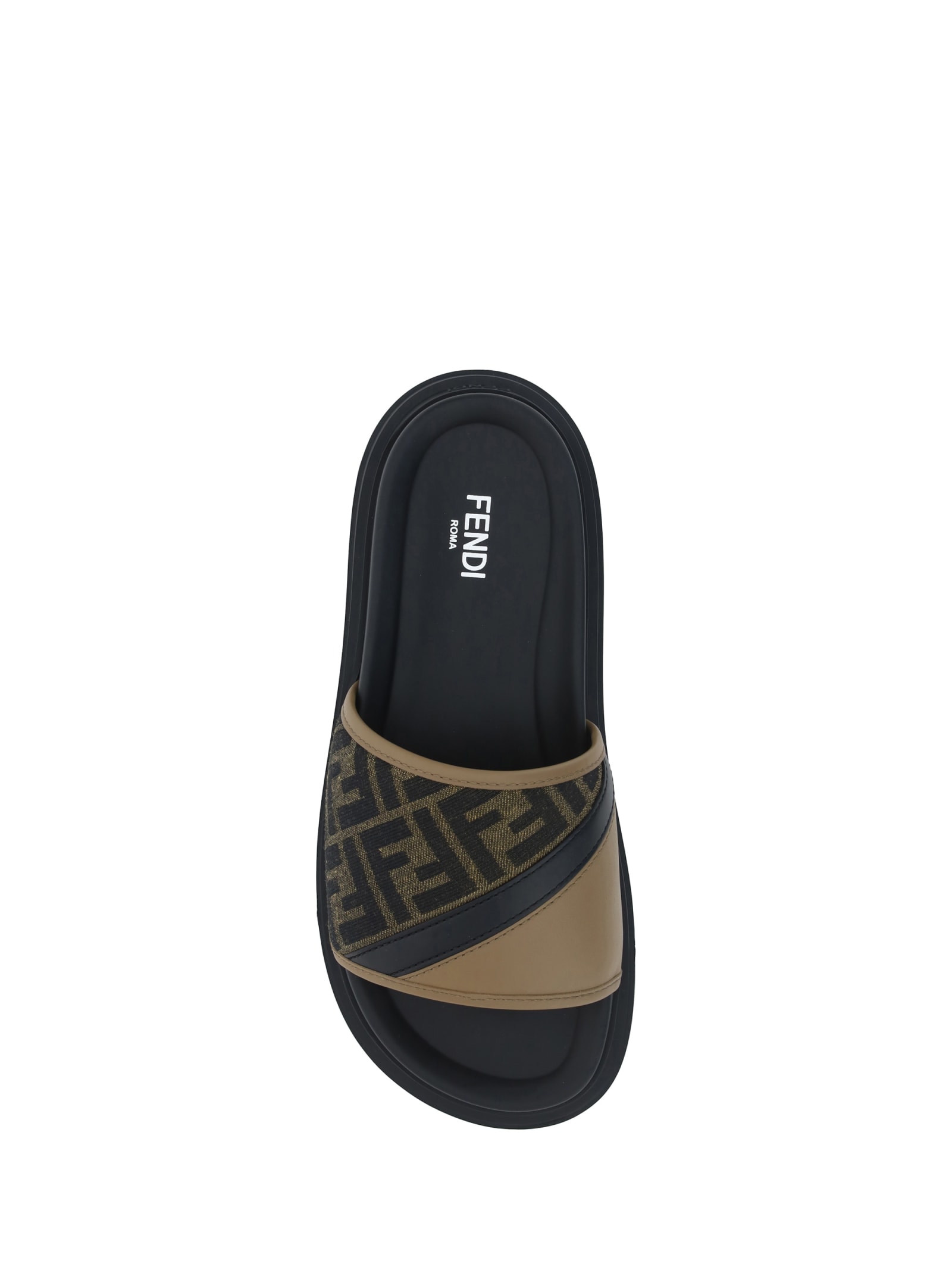 Fendi Brown Ff Jacquard And Beige Leather Slides In Sand+ner+tabacc.nero