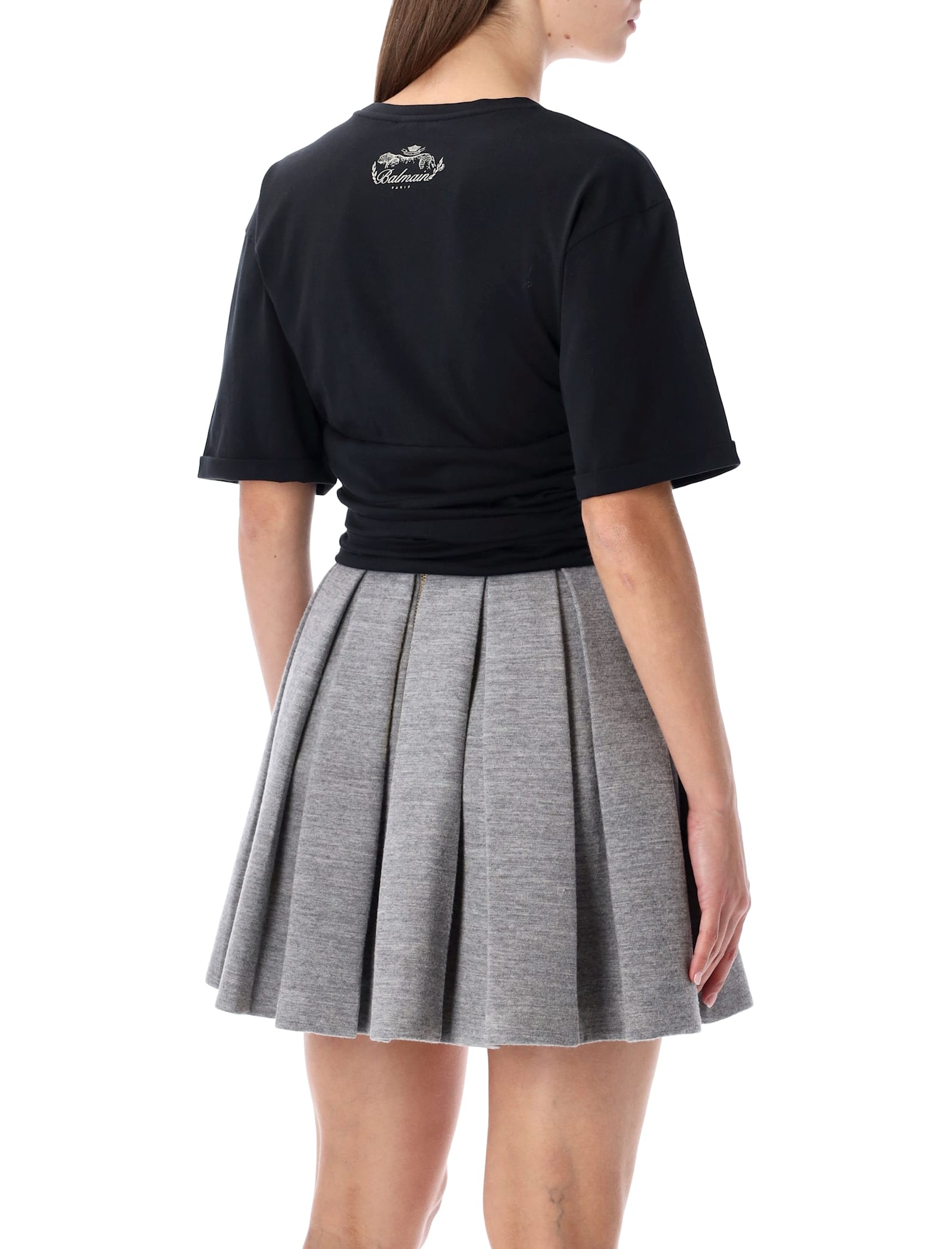 Balmain Knotted Short Sleeve Cropped Top In Black