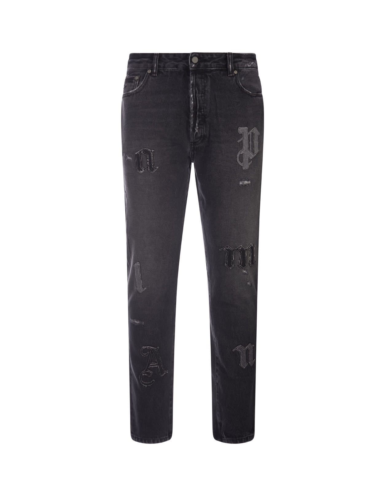 Shop Palm Angels Slim Fit Jeans In Black Denim With Application