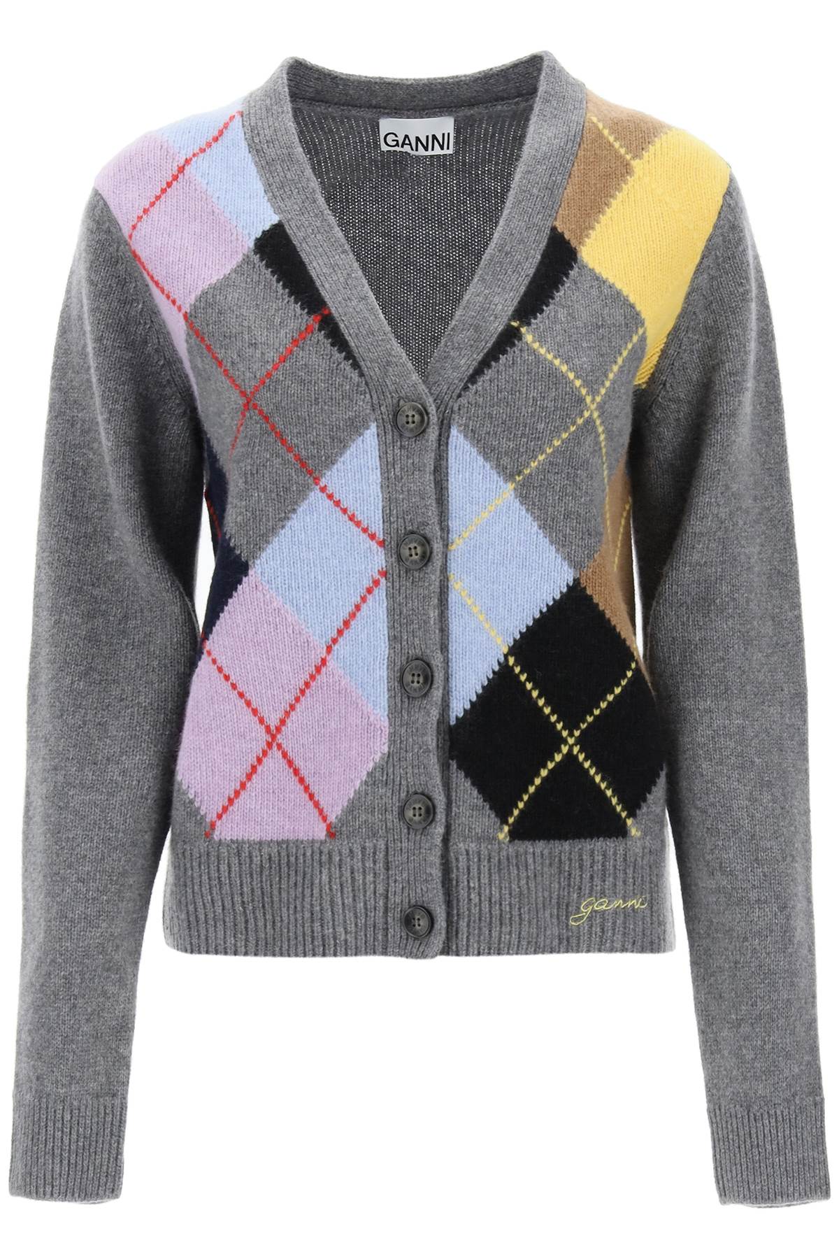 Shop Ganni Cardigan With Argyle Pattern In Frost Gray