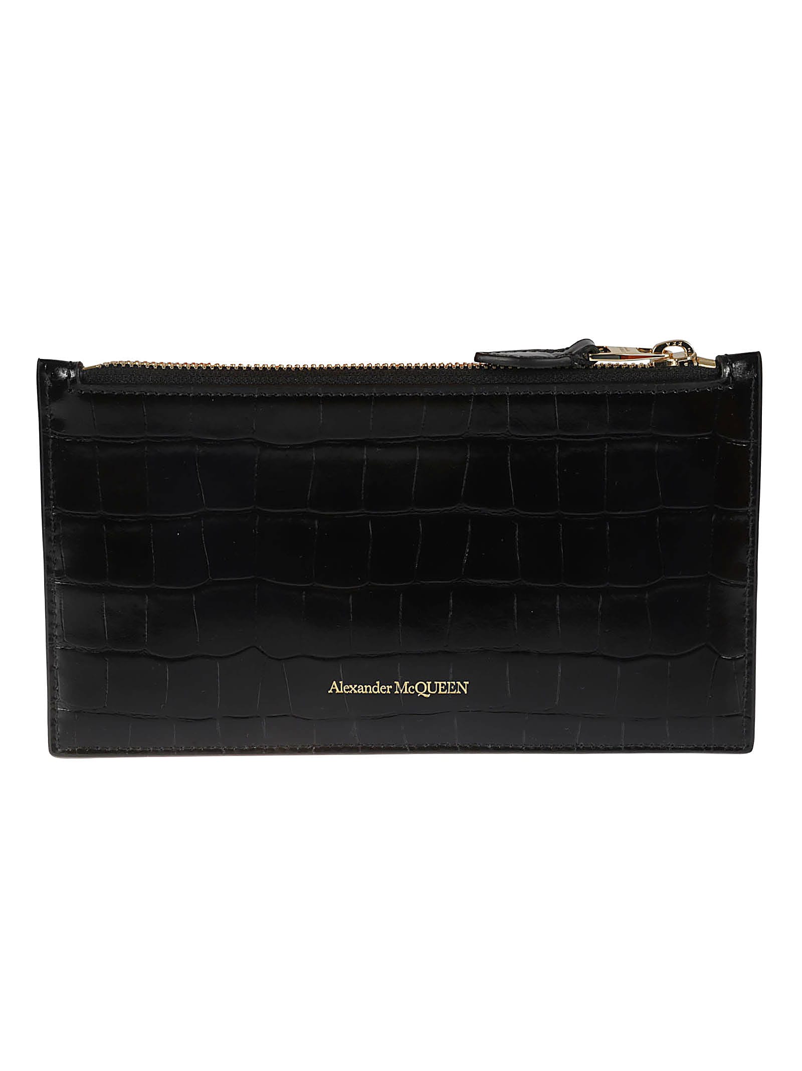 Shop Alexander Mcqueen Croco Embossed Flat Zip Wallet In Black