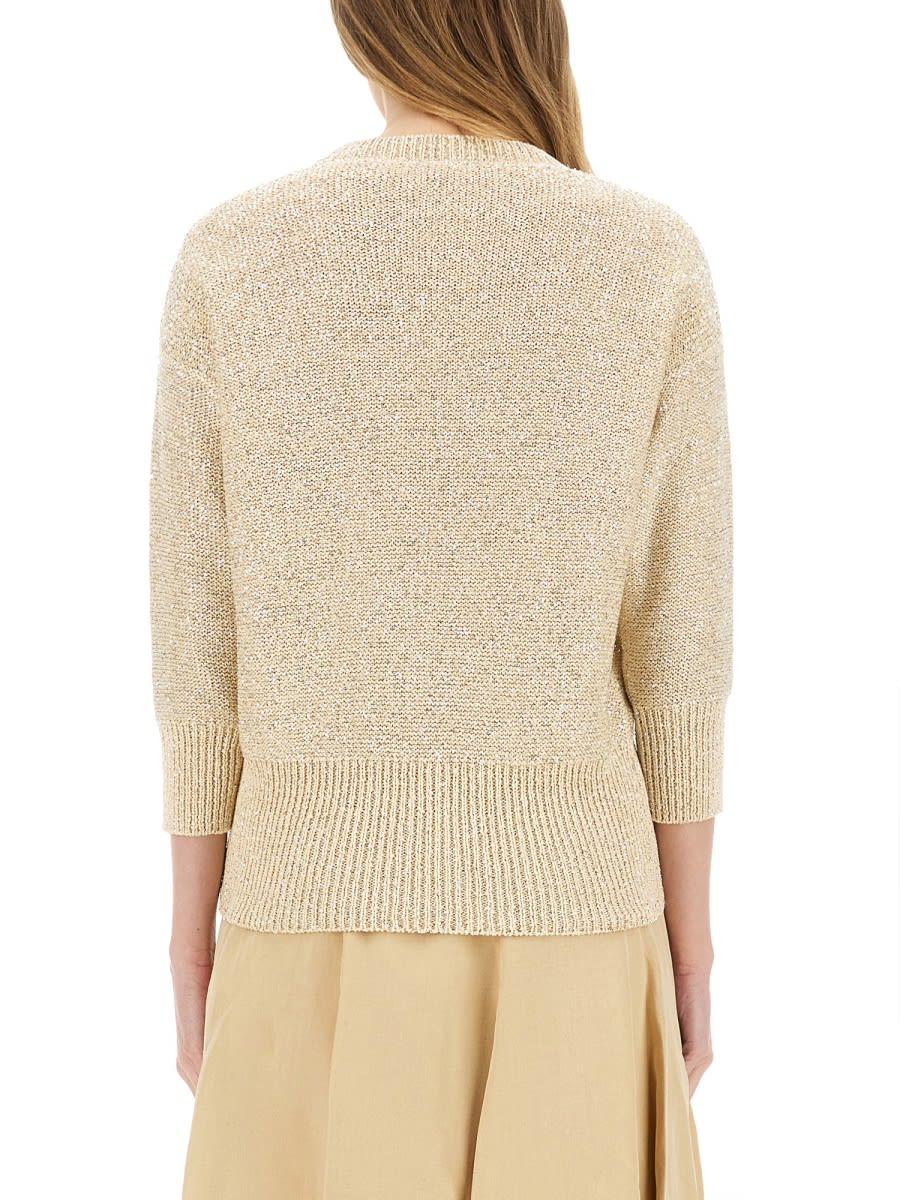 Fabiana Filippi Three-quarter Sleeve Cotton Jersey Top With Ribbed Hem In Powder