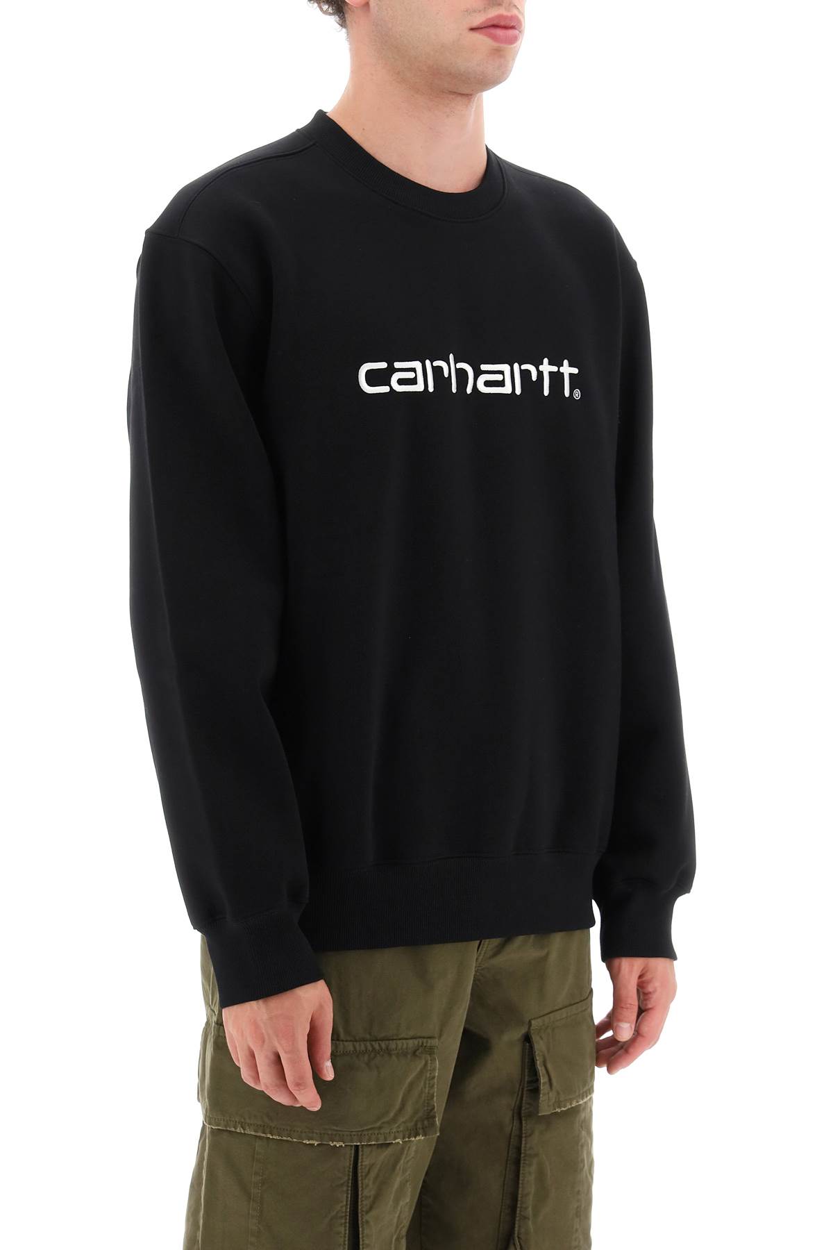 Carhartt Fleeced Cotton Crew-neck Sweatshirt With Embossed Logo In Black