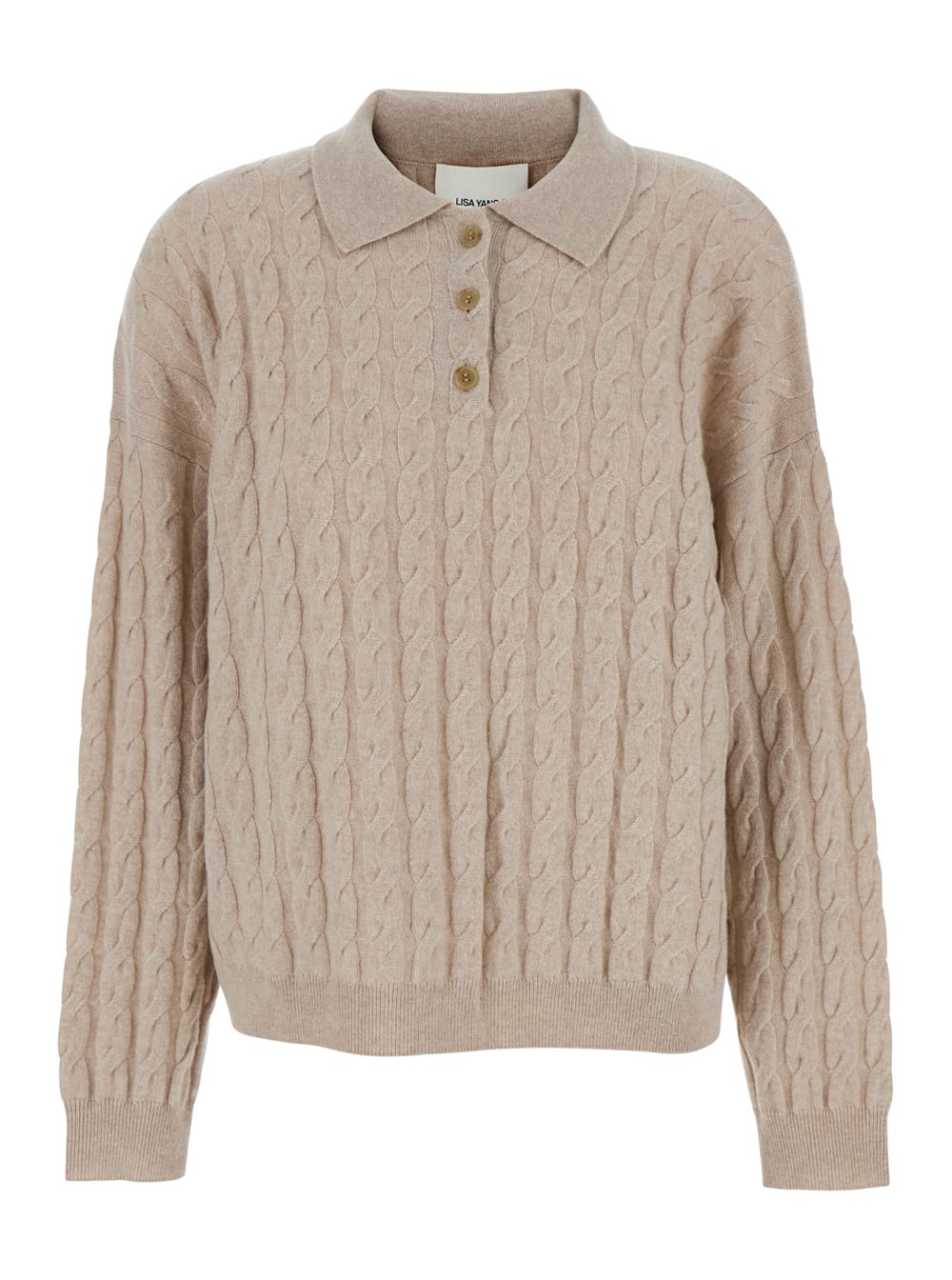 Lisa Yang Magnolie Beige Cable Knit Polo Shirt-style Sweater With Classic Collar In Cashmere Woman In Neutral