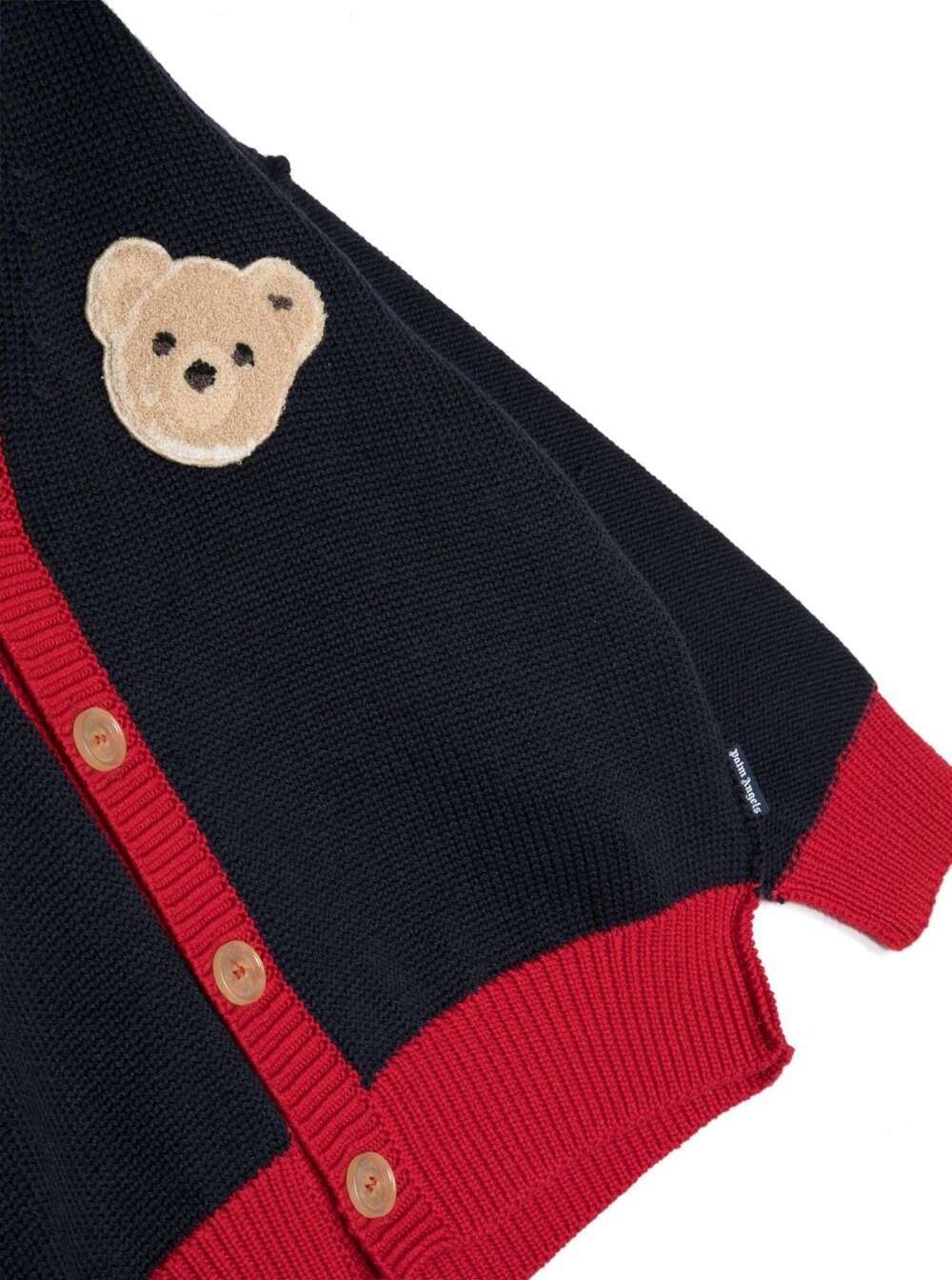 Shop Palm Angels Knitted Cardigan With Teddy Bear Logo Patch In Blue And Red Wool Boy