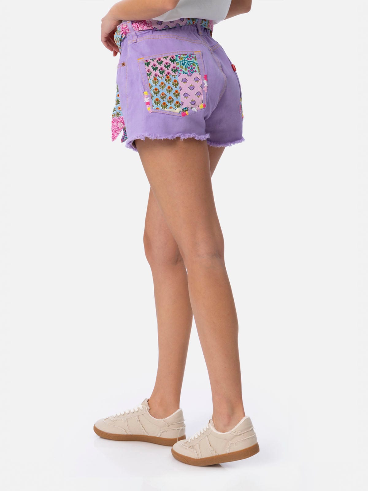 Mc2 Saint Barth Woman Upcycled Denim Shorts Arizona With Patches In Lilac