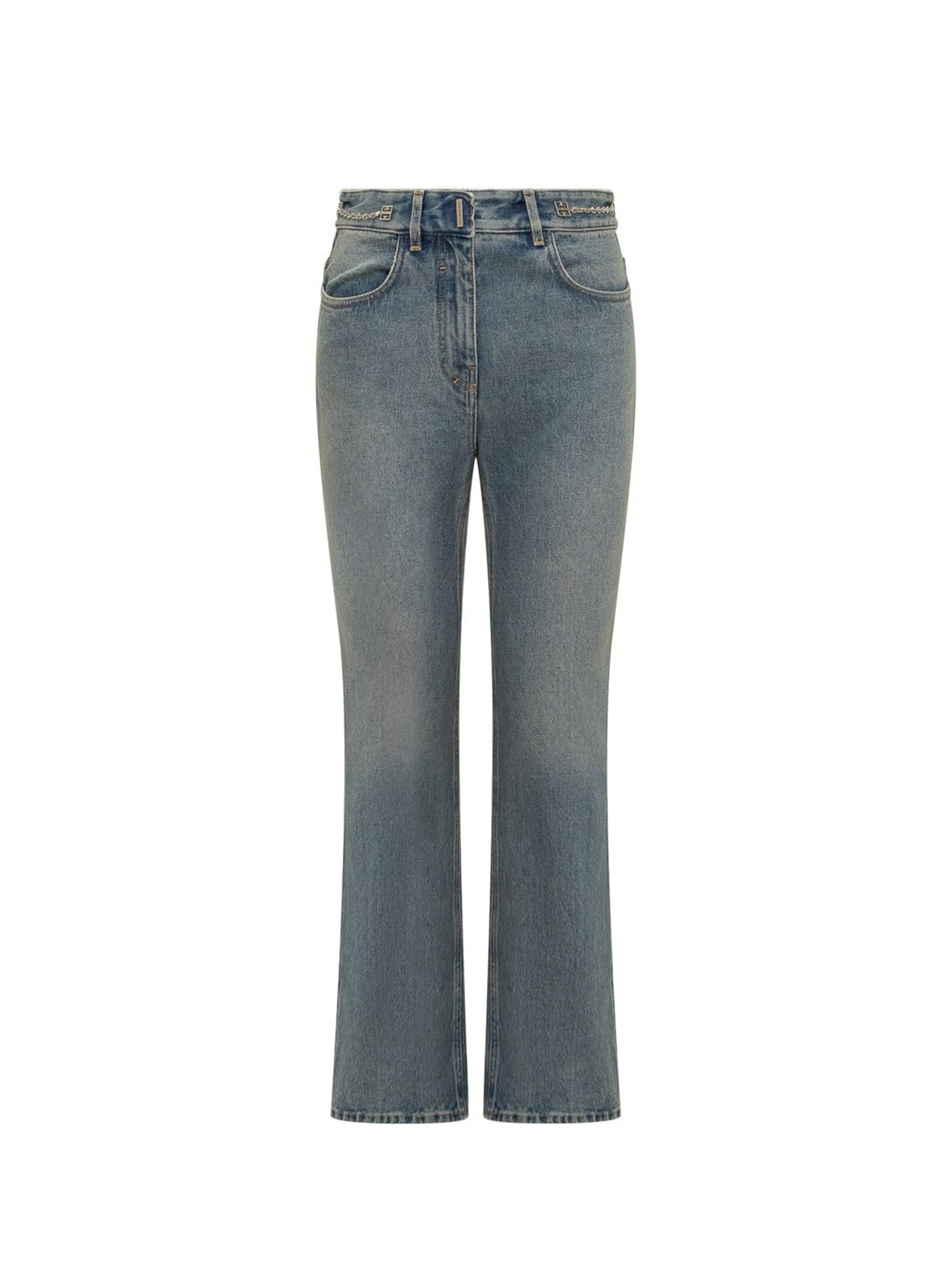 Shop Givenchy Denim Boot Cut Trousers With Chains In Medium Blue