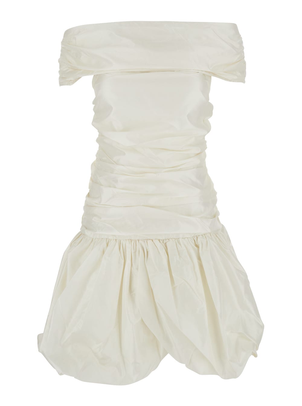 White Off-shoulder Mini Dress With Gathered Design In Silk Woman
