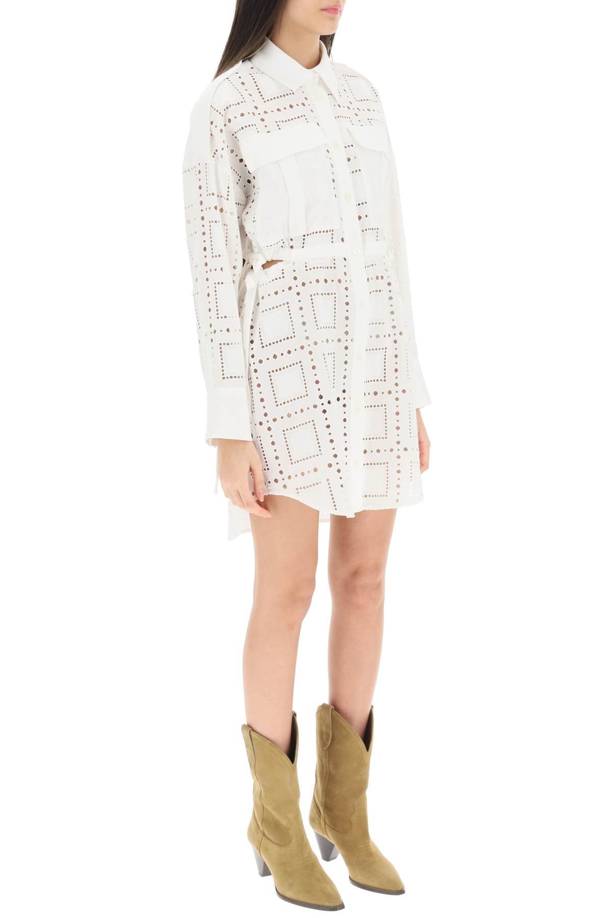 Msgm Broderie Mini Shirt Dress With Cut-out In Off White (white)
