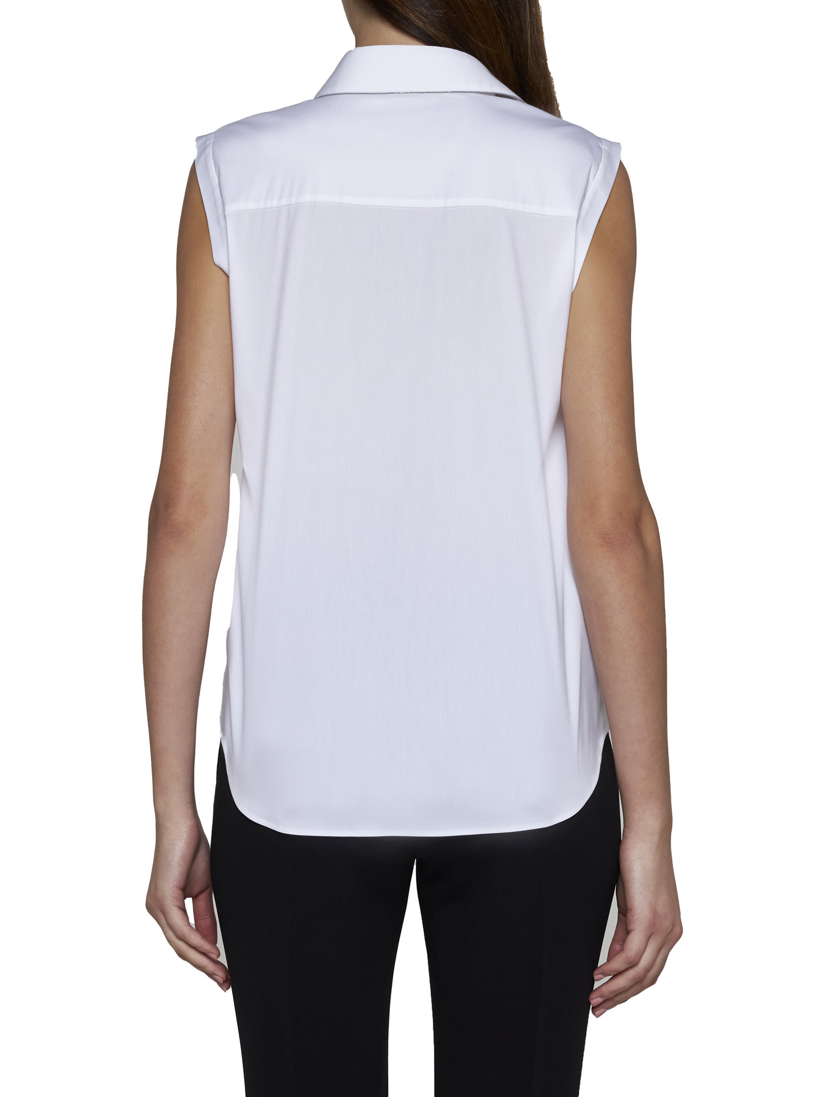 Brunello Cucinelli Cotton Poplin Button-front Shirt With Monili Collar In Bianco