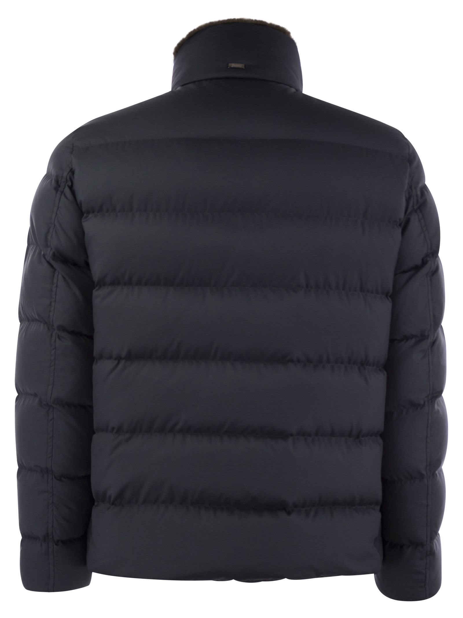 Shop Herno Short Down Jacket With Detachable Fur Insert In Navy Blue