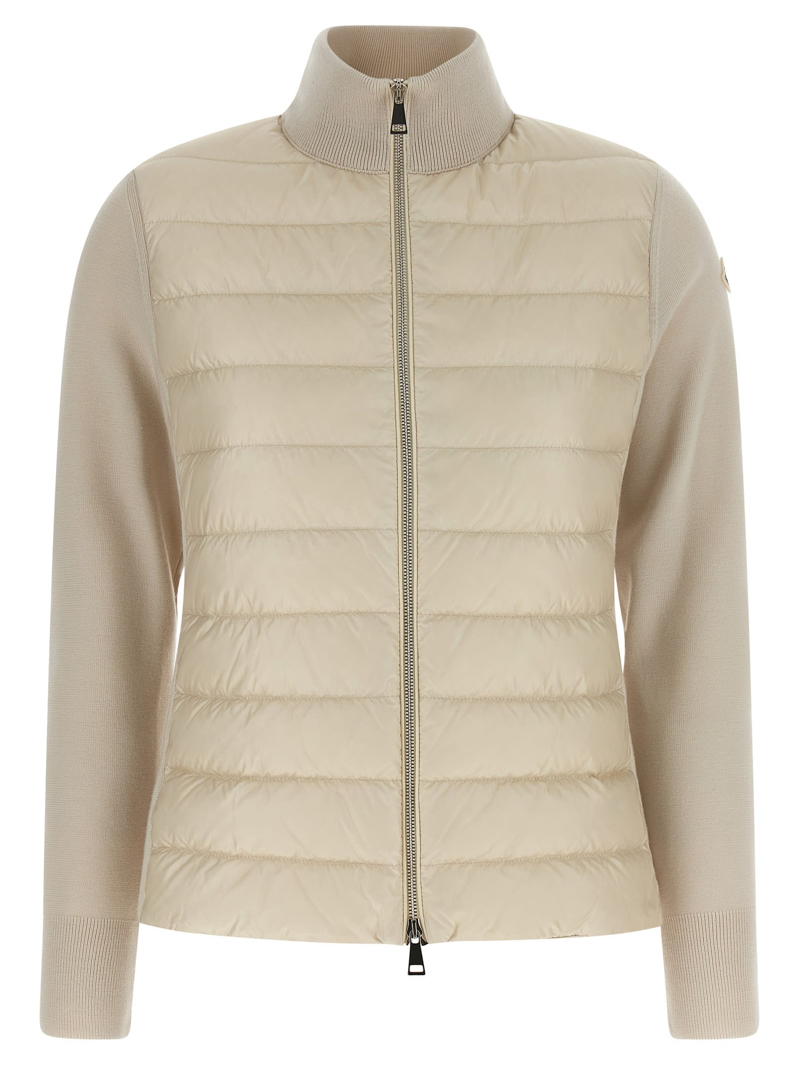 Moncler Quilted High Neck Two-material Cardigan With Feather Padding In Neutral