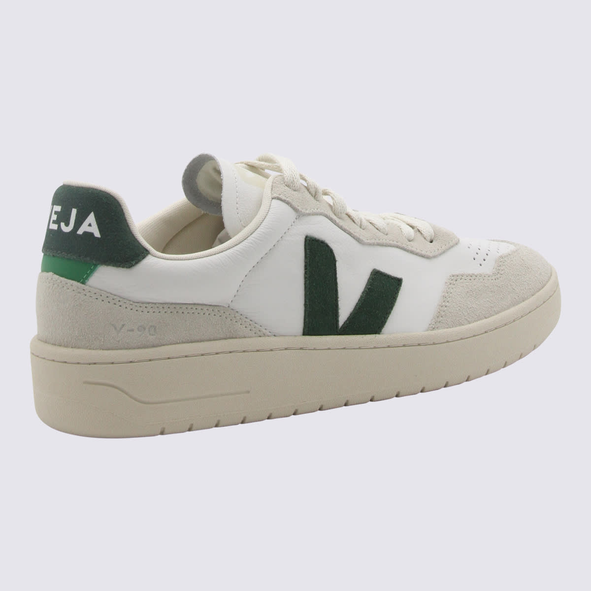 Shop Veja White And Green Leather V-90 Sneakers In Extra-white_cyprus