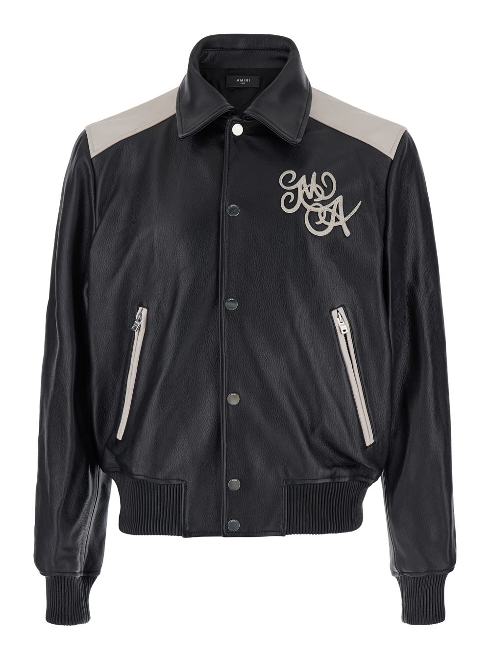 Shop Amiri Black Bomber Jacket With Logo Detail In Leather Man