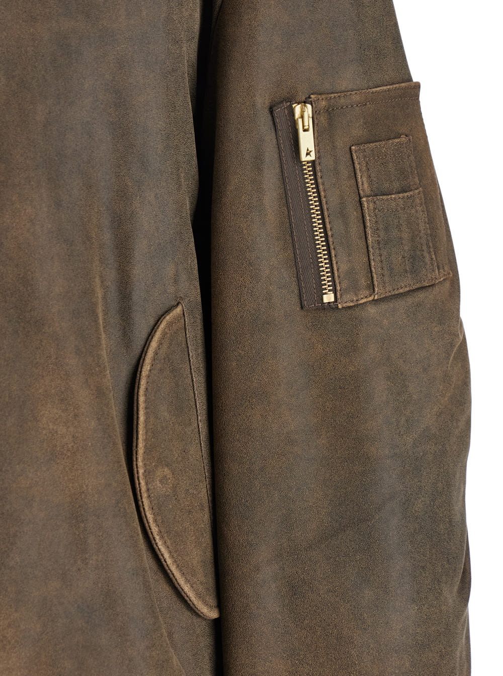 Golden Goose Brown Jacket With Sleeve Pocket And Distressed Effects In Leather Man In Animal Print