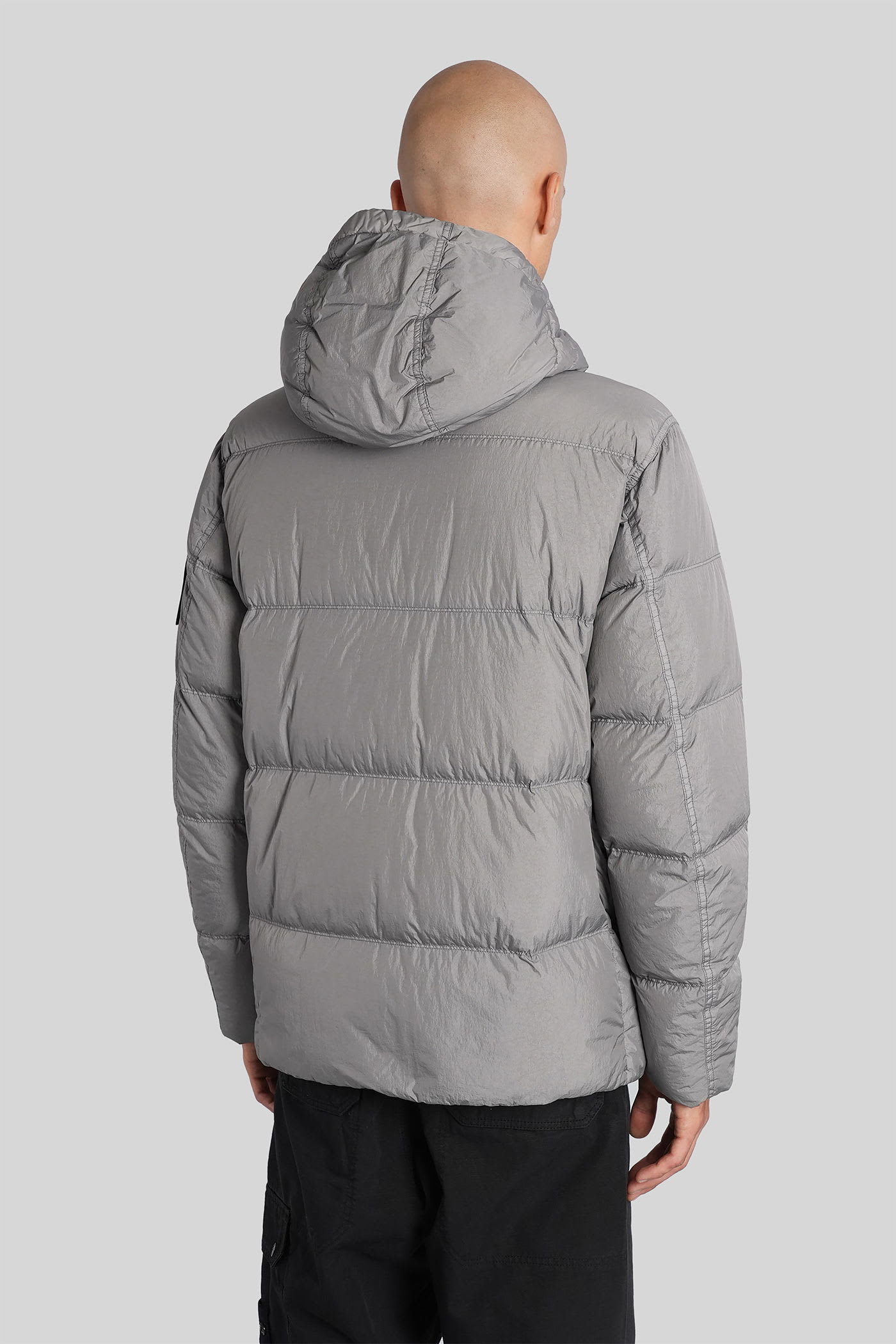 Stone Island Quilted Hooded Down Jacket With Front Pockets In Gray