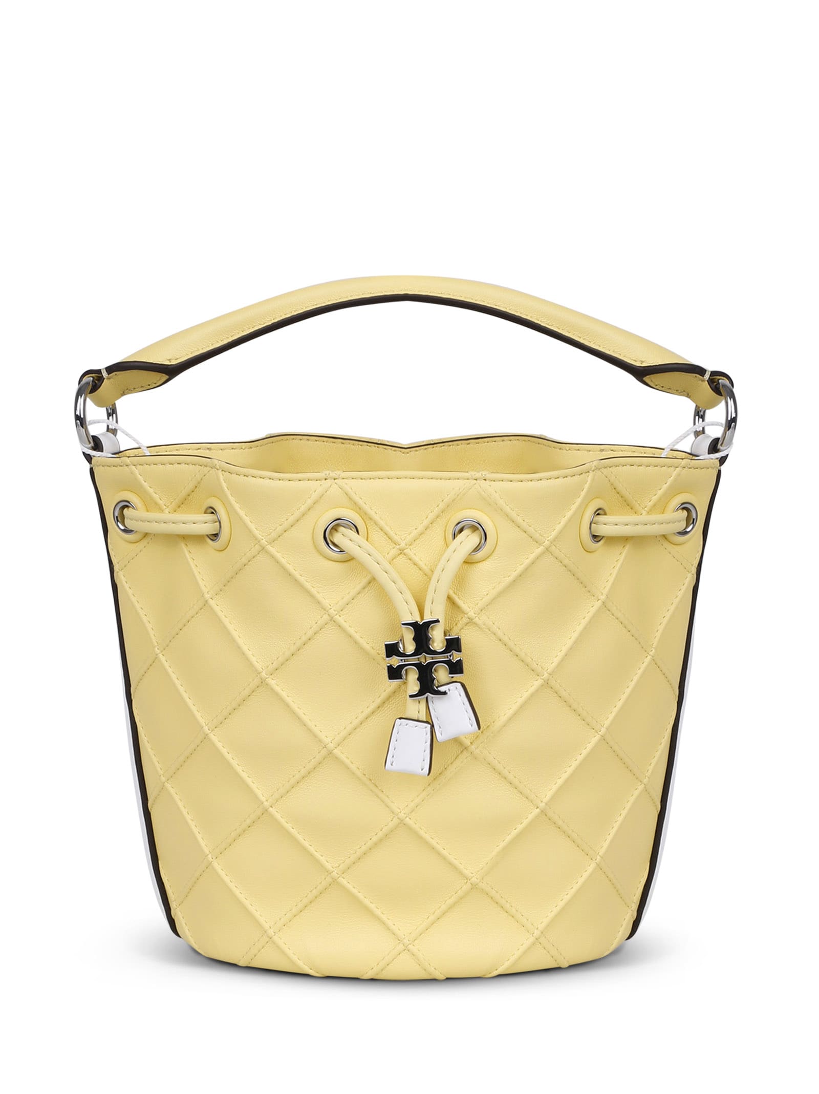 Tory Burch Mini Fleming Soft Patent Border Bucket Bag in Yellow