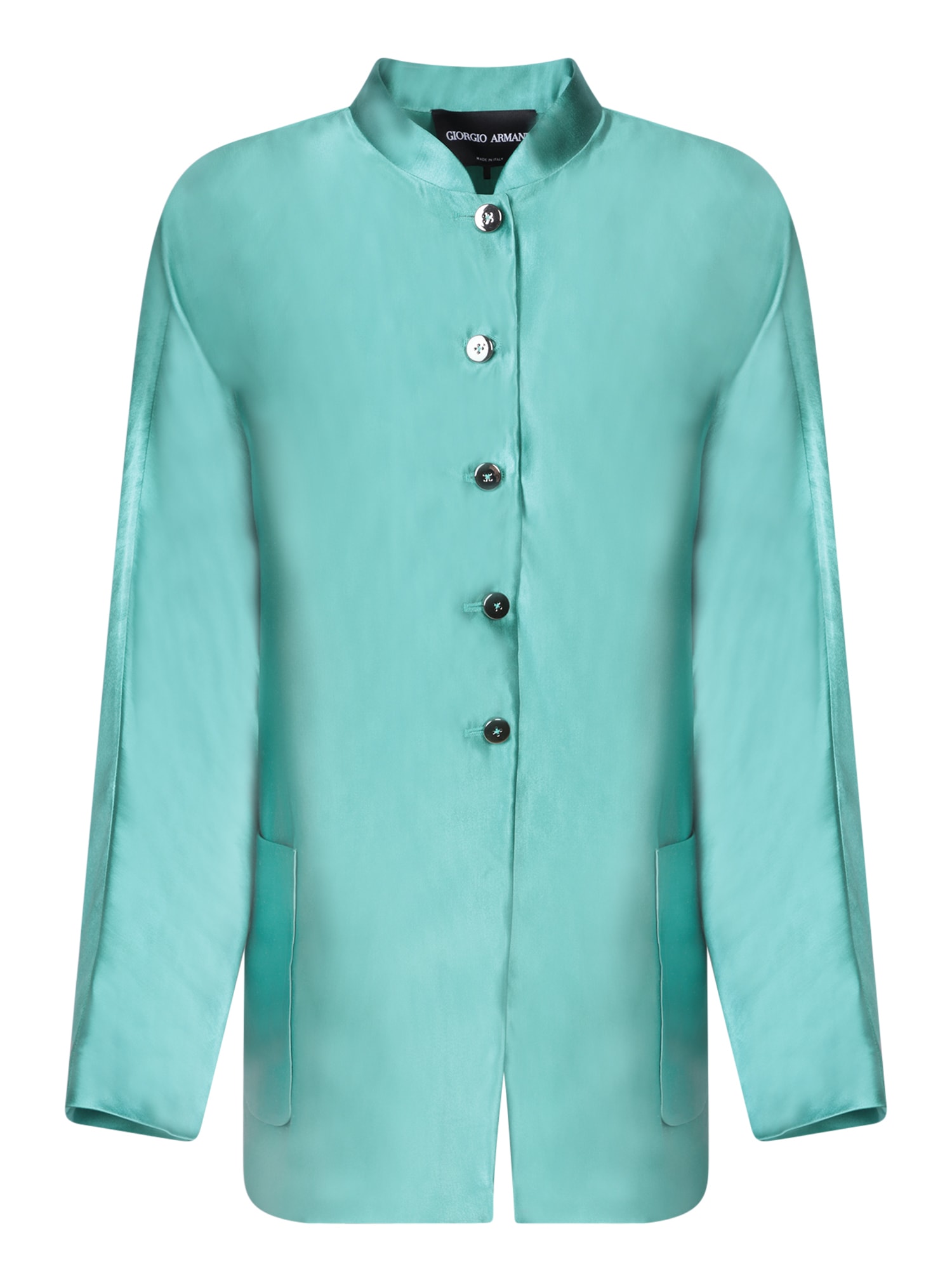 Shop Giorgio Armani Aqua Green Silk And Linen Caban Jacket