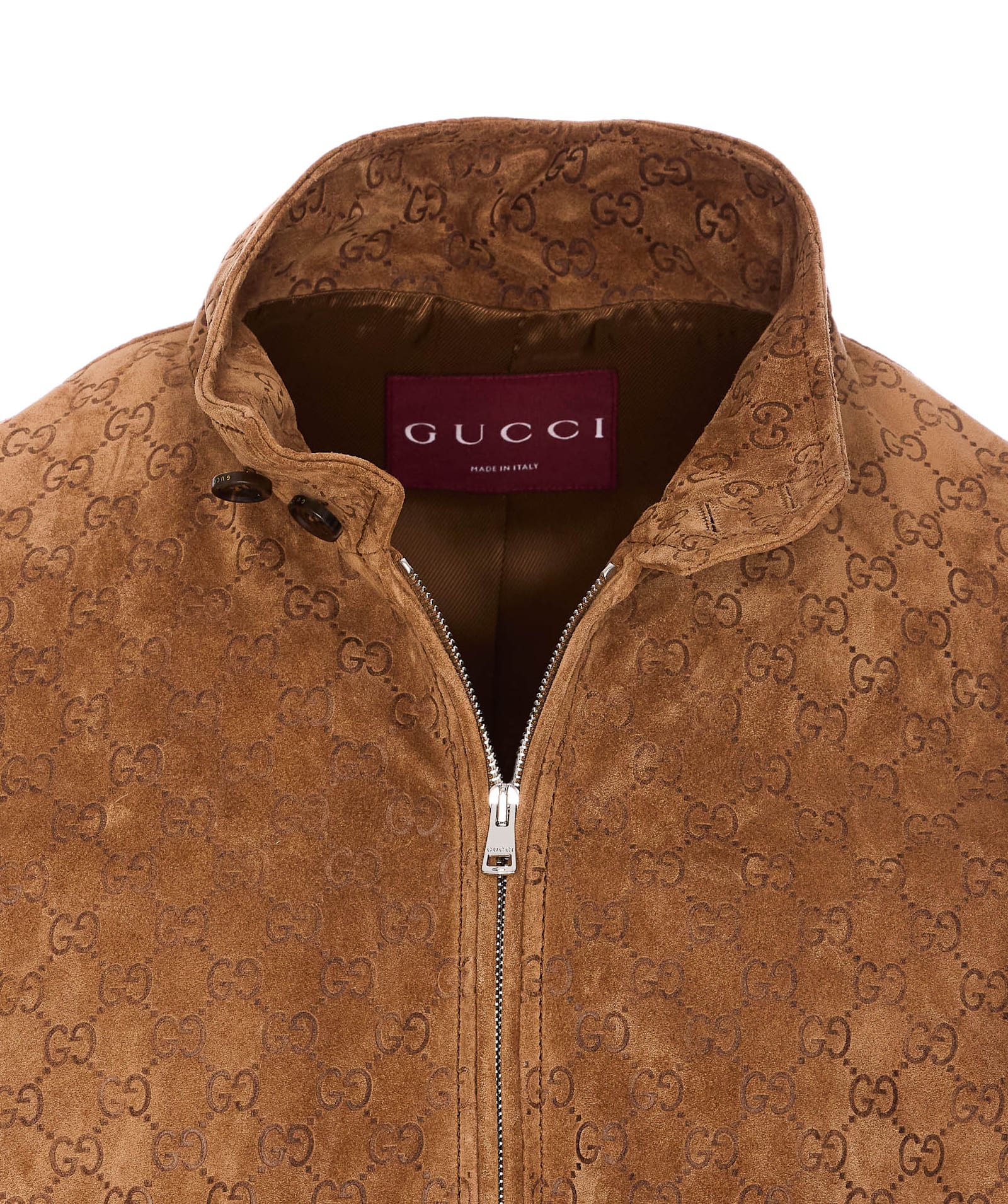 Gucci Brown Jacket With All-over Embossed Gg Motif And Collar With Buttons In Suede Man In Brown