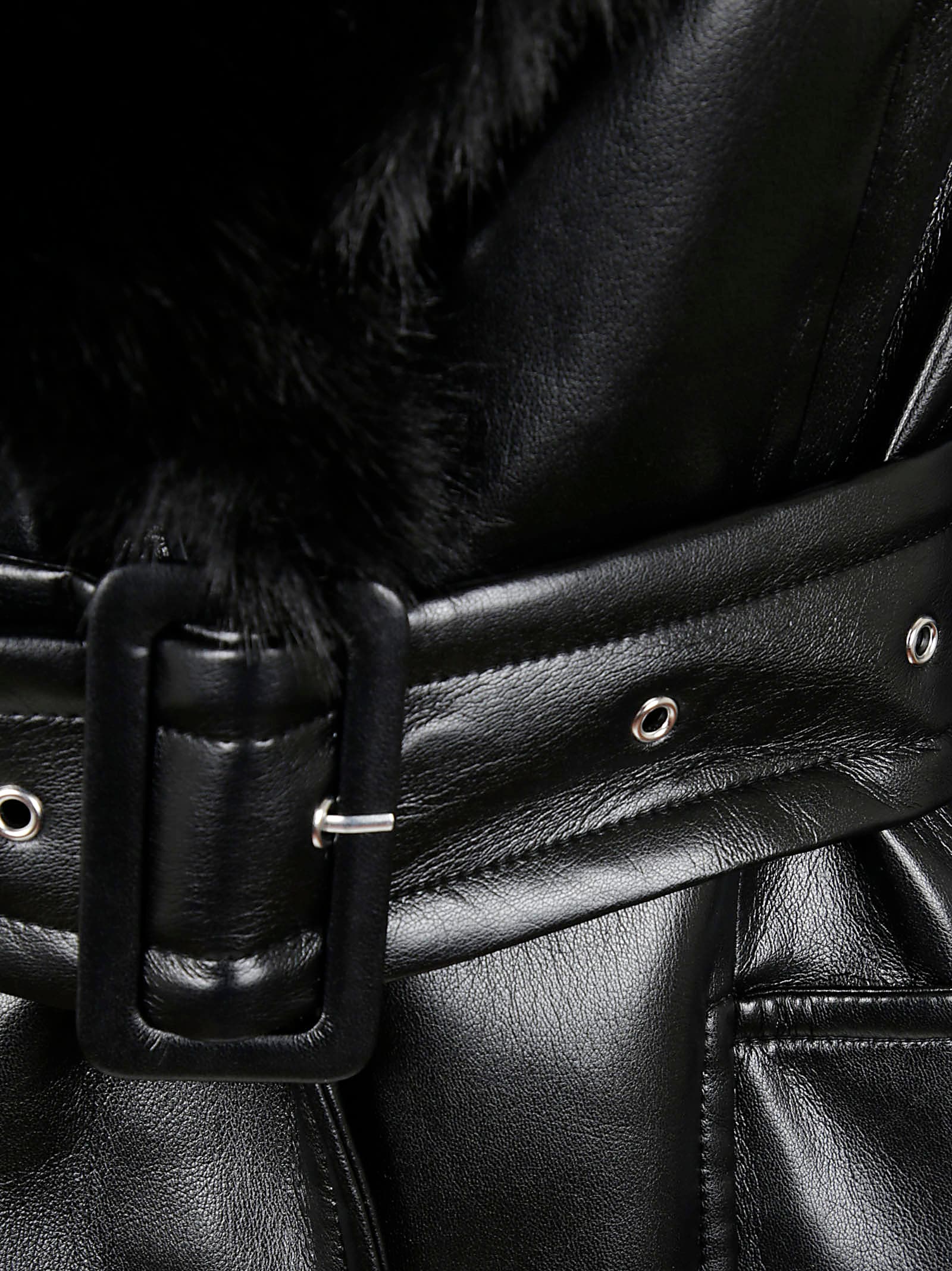 Stand Studio Black Long Coat With Plush Fur Collar And Tailored Belt In Black
