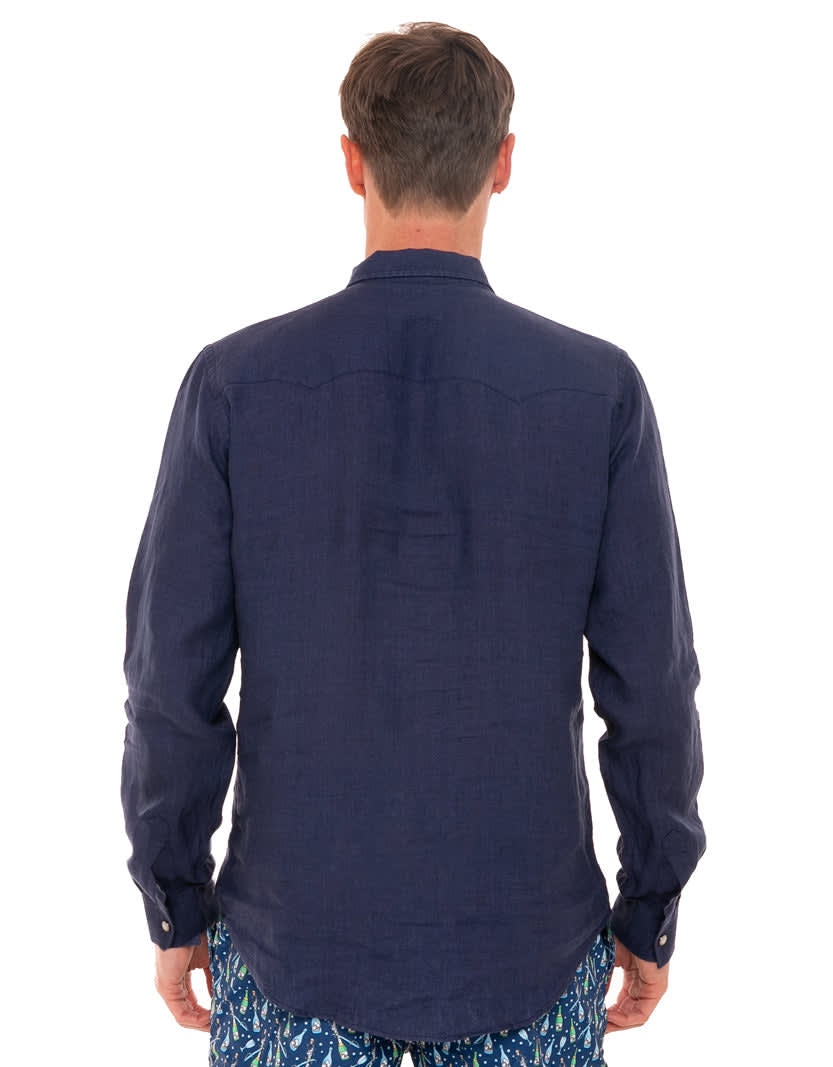 Shop Mc2 Saint Barth Dark Denim Linen Shirt In Blue