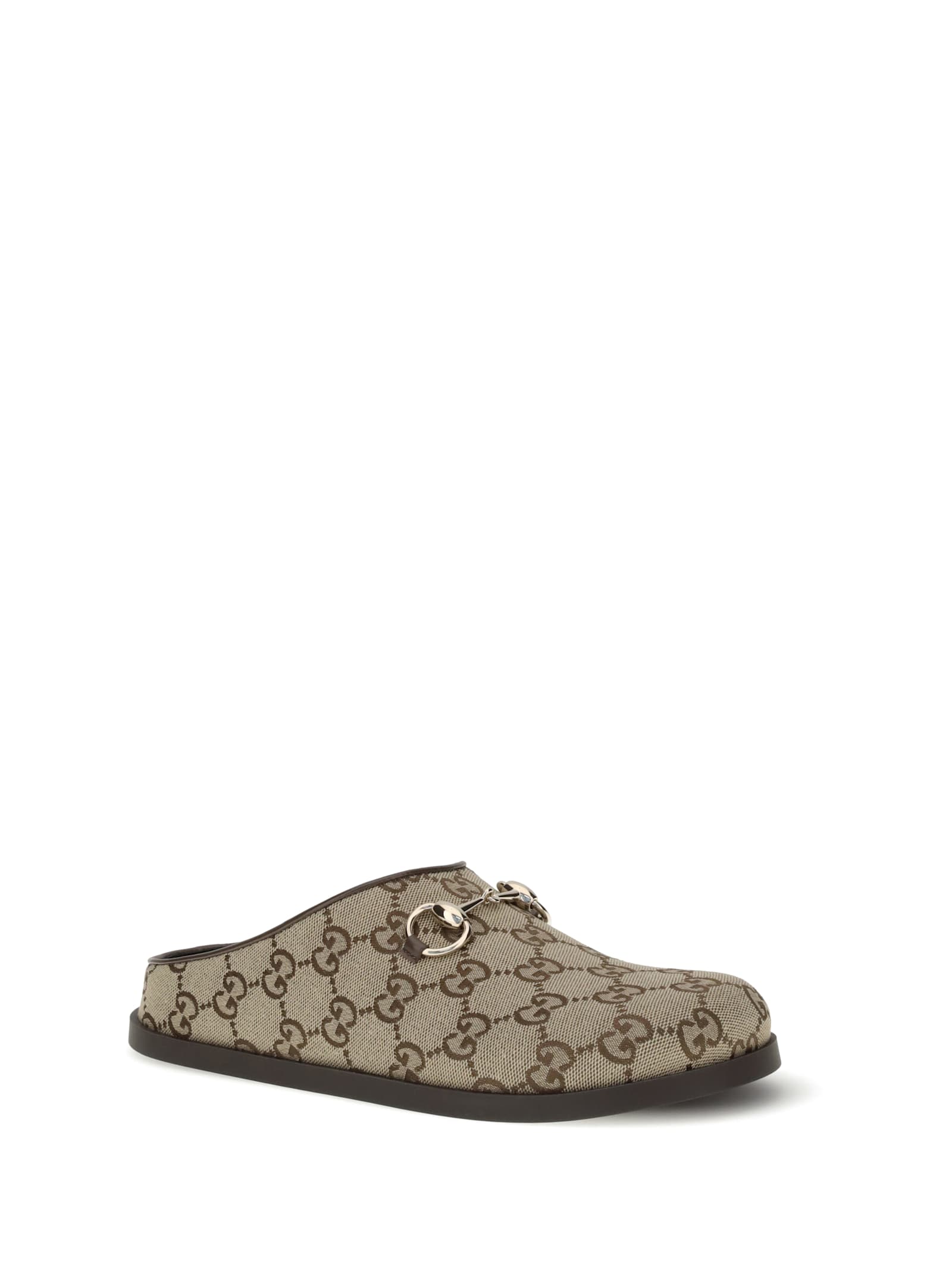 Gucci Gg Monogram Horsebit Flat Mules In Brown