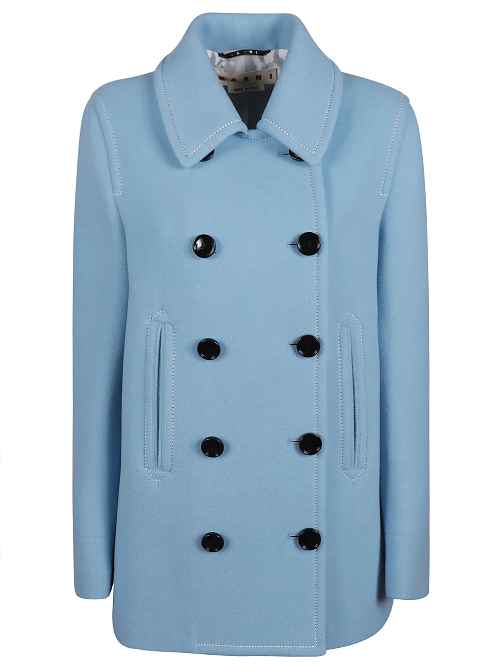 Marni Double-breasted Logo-patch Peacoat In Azzure