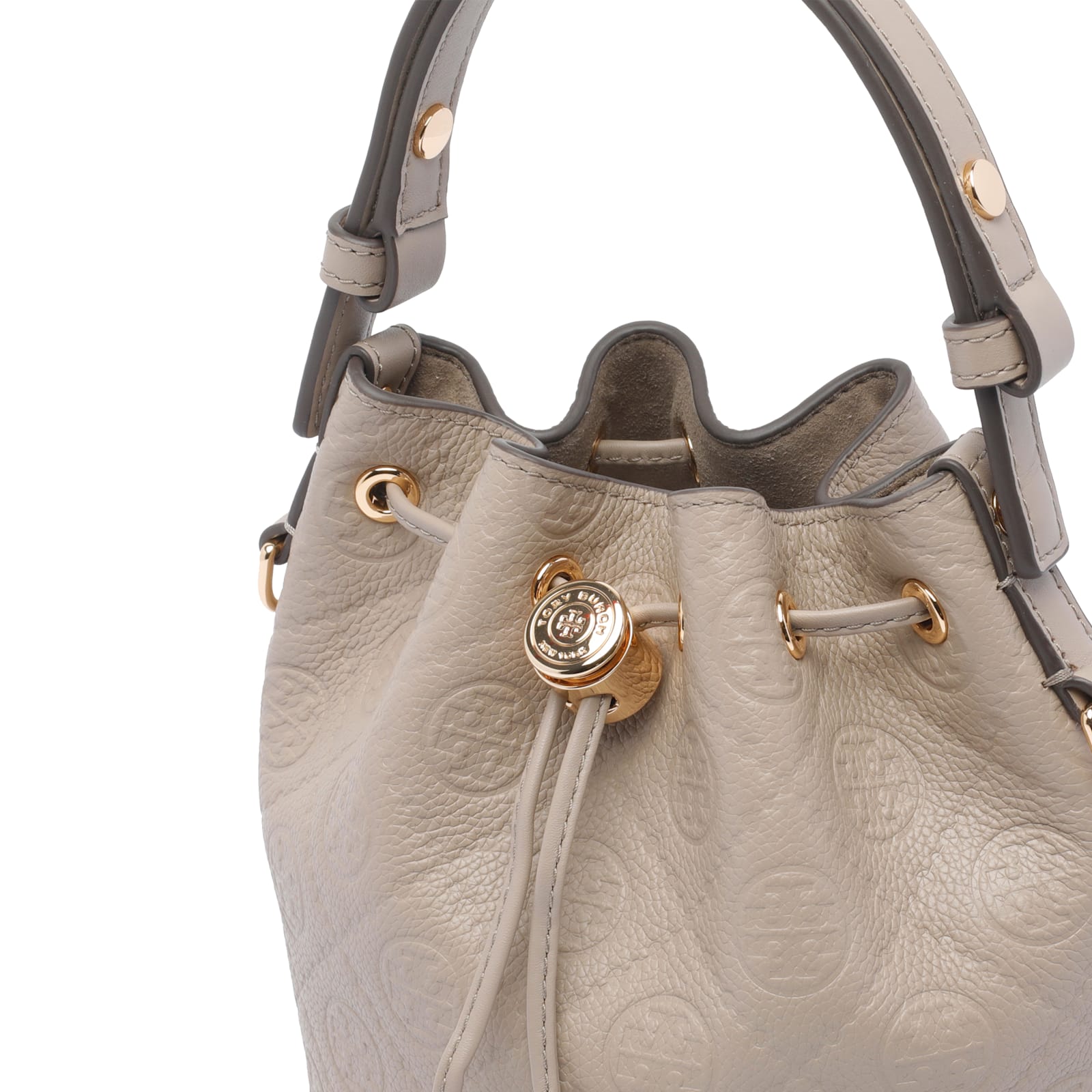 Tory Burch Mini T Monogram Pebble Bucket Bag In Sand
