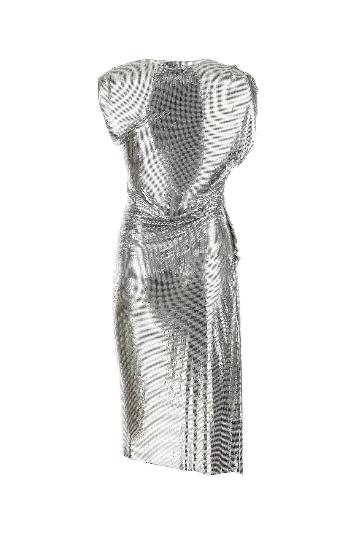 Shop Rabanne Button Sided Metallic Sleeveless Dress In Silver