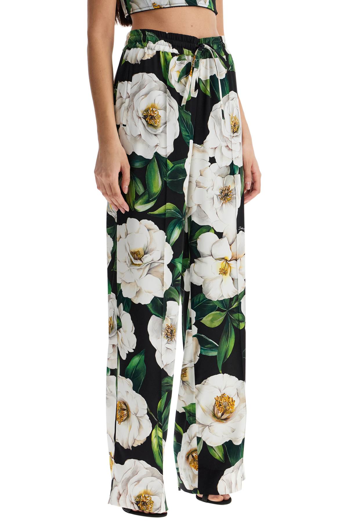 Dolce & Gabbana Gardenia Print Stretch Silk Charmeuse Pajama Pants In Gardenia F.nero (black)