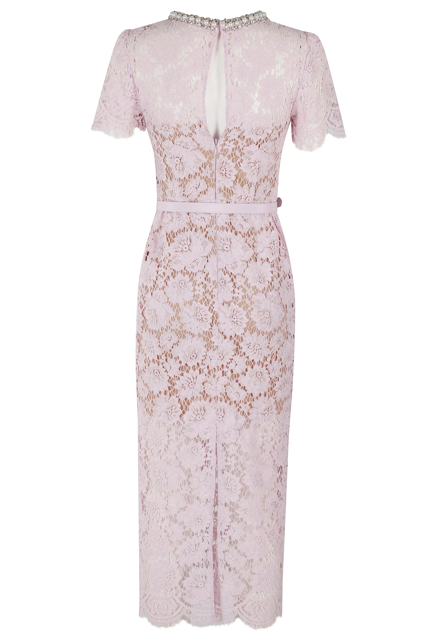 Self-portrait Pink Crewneck Midi Dress With All-over Lace Embroidery And Jewel Embellishment On The Collar In Pink