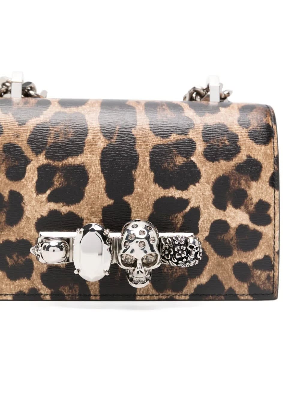 Shop Alexander Mcqueen Mini Jewelled Satchel Bag With Leopard Print In Brown