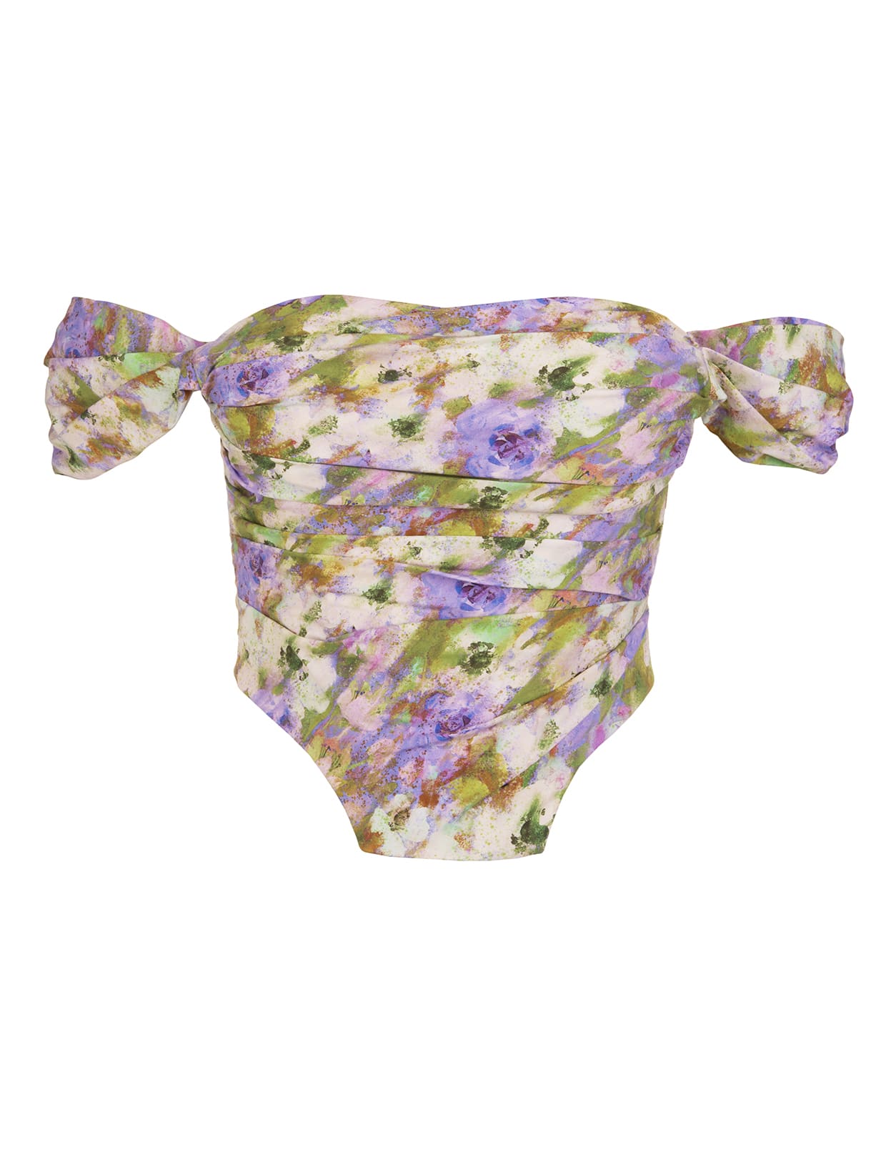 Giuseppe di Morabito Bustier Top With Draping And All-over Green And Lilac Floral Print