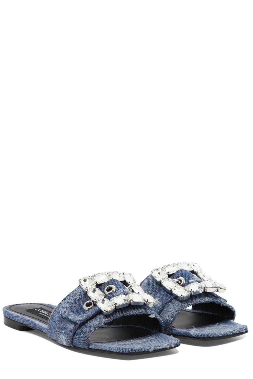 Shop Dolce & Gabbana Distressed Emblished Slip-on Slides In Blue