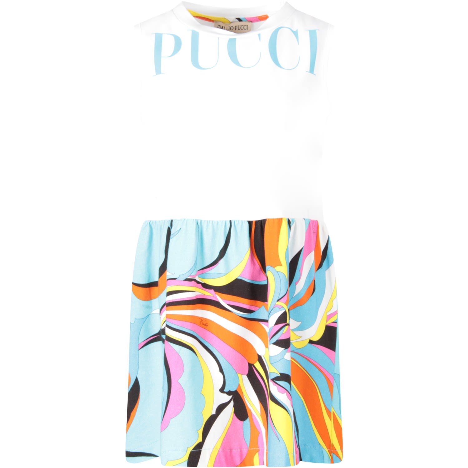 Emilio Pucci White And Light Blue Girl Dress With Iconic Prints