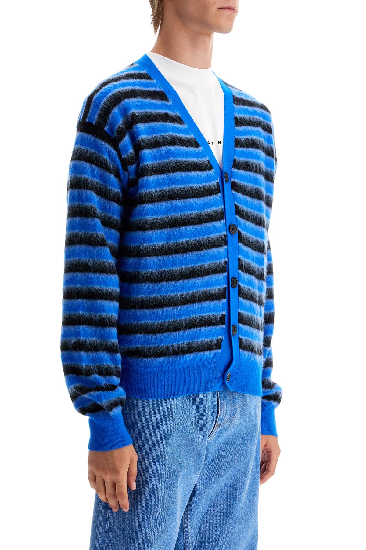 Shop Marni Striped Wool And Mohair Cardigan In Mazarine Blue (blue)