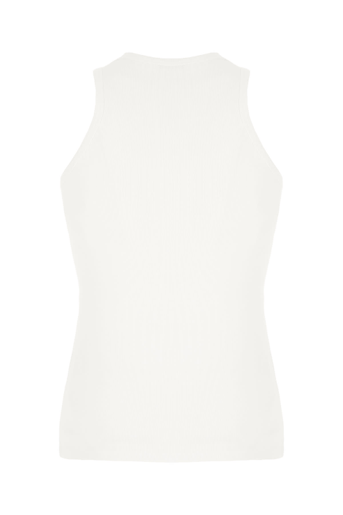 Moncler Cotton Top With Embellished Detail And Ribbed Texture In Bianco