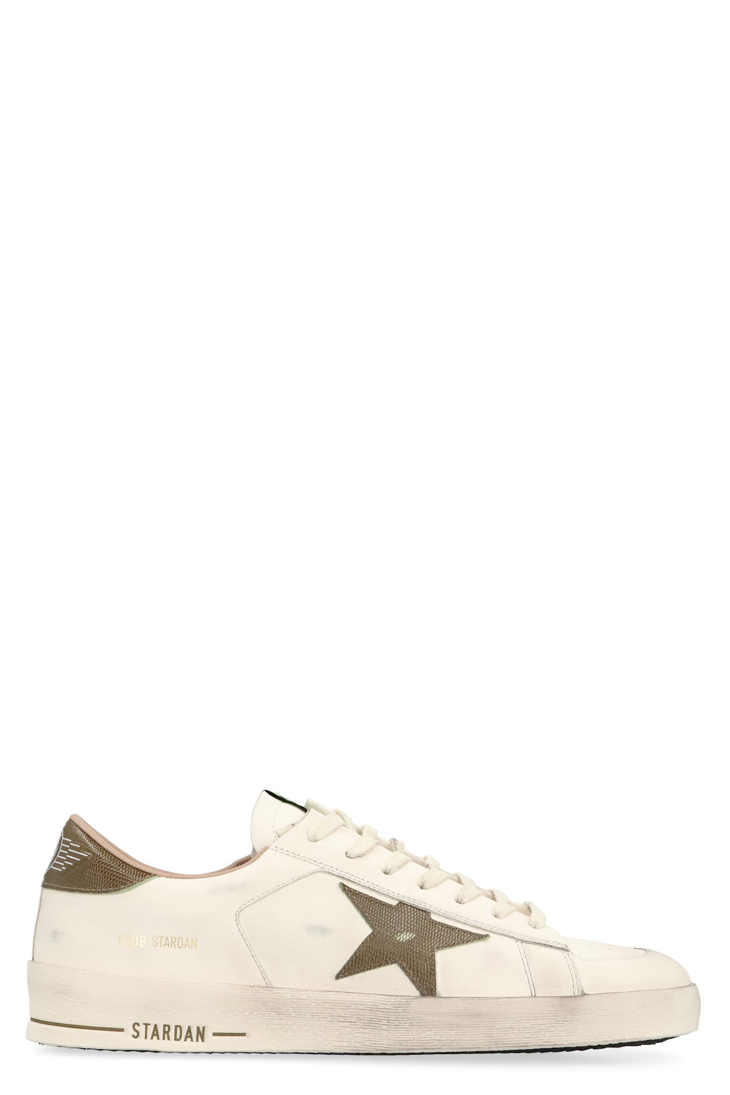 Golden Goose Stardan White Leather Sneakers With Green Star And Heel In White