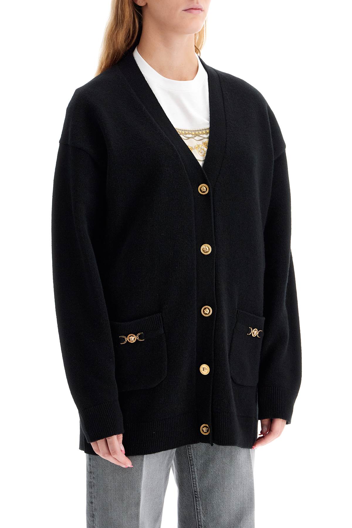 Shop Versace Boxy Wool And Cashmere Cardigan In Black (black)